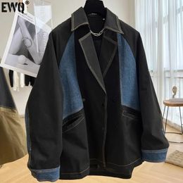 EWQ Denim Stitching Long Sleeve Trend Ladies Coat Korean Clothing Big Size Black Jacket Top Spring Autumn 240226