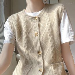 Women's Knits Spring And Autumn Diamond Pure Wool Sleeveless Vest Cardigan O-Neck Knitted Shawl Korean Coat Comfortable Top