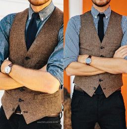 2019 Fashion Brown Wool Tweed Vests Slim Men039s Suit Vests Custom Made Suit Jacket Men Wedding Men039s Dress Groom Vests Be2055486