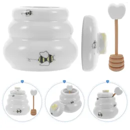 Dinnerware Sets Cereal Container Honey Jar With Stick Syrup Dispenser Storage Stirring Rod Household Pot White Lidded Ceramic