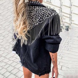 Women's Jackets Jackets Jean Fashion Long Sleeve Tassel Rivet Denim Spring Black Cool Outwear Streetwear 240301