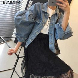 Women's Jackets Jackets Korean Blue Denim Single-breasted Pleated Puff Sleeve Short Chaqueta Mujer Jeans 240301