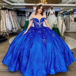 Sequined Blue Glitter Crystal Ball Gown Quinceanera Dresses Off the Shoulder Applique Lace Beading Corset Vestidos De 15 Anos 2024