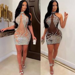 Casual Dresses Summer New Product Mesh Sheer See Through Sexy Party Dress for Women Party Club Night Mini Bodycon Dress Luxury Rhinestone Sparkly Birthday Dress