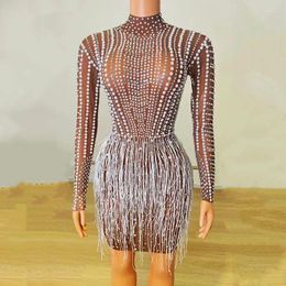 Stage Wear Shiny Rhinestones Beading Fringe Mesh Bodycon Dress Women Evening Party Concert Transparent Tassel Outfit Singer Costume