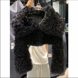 Fur New Winter Women Black White Short Faux Fur Coat Lapel Collar Long Sleeve Thick Wool Jacket Loose Warm Curly Hair Plush Overcoat