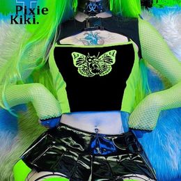 Women's T Shirts PixieKiki Cyber Y2k Buckle Mesh Long Sleeve Tshirt Crop Top Butterfly Print Grunge Baby Tee 2 Piece Set Gothic Clothes