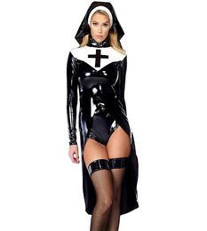 halloween cosplay M L XL Fashion Black Women sexy nun costume Vinyl Leather Cosplay Halloween Costume W850640 Y181105044024610