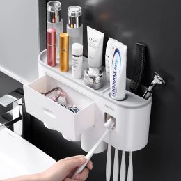 Holders PunchFree Toothbrush Holder with Magnetic Tape 2/3/4 Cup Makeup Rack Automatic Toothpaste Squeezer Dispenser Bathroom Accessory