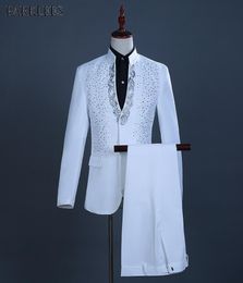 White Embroidered Diamond Suit Men Wedding Groom Tuxedo Suits Mens Stand Collar Prom Stage Costume Mens Suits with Pants Ternos 204684596