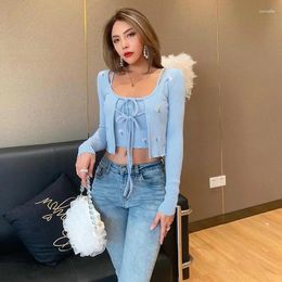 Women's T Shirts 2024 Women Sexy Flower Embroidery Blue Lace Up Cardigan And O Neck Long Sleeve Camis Crop Top Autumn Tops Knit Streetwear
