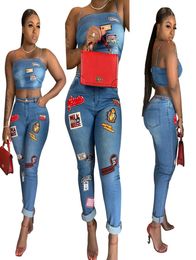 Cute Pattern Two Pieces Women Jeans Sets Spaghetti Slash Neck Sleeveless Short Top and Fashion Denim Pants Outfits Girls Streetwea2259621