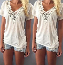 Fashion Women t shirt Short Sleeve vneck Summer Casual lace crochet tops tees clothing plus size SXXL9973373