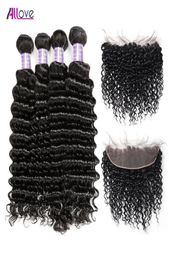Allove Brazilian Indian Extensions Peruvian Water Human Hair Bundles With Closure 13x4 Lace Frontal Body Loose Deep Kinky Curly fo3217836