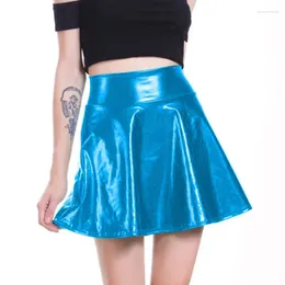 Skirts High Waist Stretch Mini Skater Skirt Summer Girls Fashion A-line Shiny Metallic Stage Dancing Clubwear Street Wear