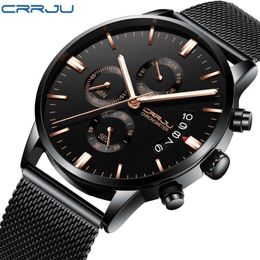Crrju New Men's Calander Waterproof Sport Wristwatch With Milan Strap Army Chronograph Quartz Heavy Watches Fashion Male Cloc295D