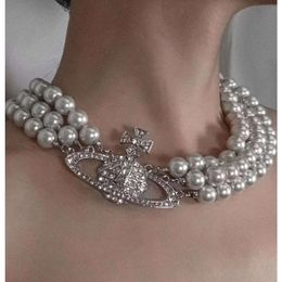 Designer Viviennes Westwoods Vivenne Westwoods jewelry Dark Glory Yan Zhen Kendou Same Style Empress Dowager Pearl Necklace Exaggerated Full Diamond Saturn Colla