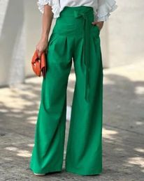 Women's Pants Green Womens 2024 Solid Colour Ol Work Long Pocket Loose Trousers All-Match Tied Detail High Waist Wide Leg