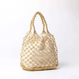 Evening Bags Gold and silver 2-color bright paper rope hollow woven handbag with cotton lining rope bag for womens mesh beach bag J240301