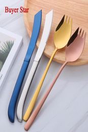 2pcs Western Tableware Set Long Handle Stainless Steel Spoon Fork Spork Steak Knife Metal Soup Table Service Dinnerware Sets3910001