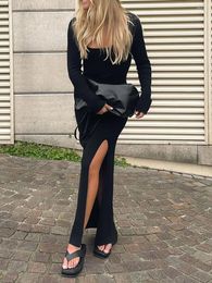 Casual Dresses Elegant Knit Women's Fall Long Dress Chic Sleeve Scoop Neck Solid Colour Midi Thigh Split