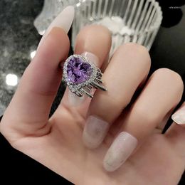 Cluster Rings Luxury Purple Zircon Love Heart Open Ring For Women Girl Creative Simple Geometric Shape Finger Wedding Party Jewelry