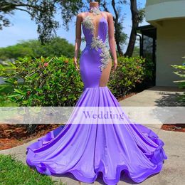 Purple New Mermaid Prom Dresses Halter Neck Floral Appliques See Through Evening Gowns Graduation Birthday Party Gown Robe De Soiree