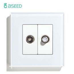 Control BSEED TV Satellite Wall Socket With Crystal Glass Panel White Black Gold EU Standard 86mm DIY Part For Home Improvement