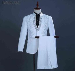 White Embroidered Diamond Suit Men Wedding Groom Tuxedo Suits Mens Stand Collar Prom Stage Costume Mens Suits with Pants Ternos 212393303