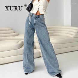 Women's Jeans XURU Casual Loose And Versatile Slim Fitting Blue White Distressed Fringe Straight Leg K8- 11917