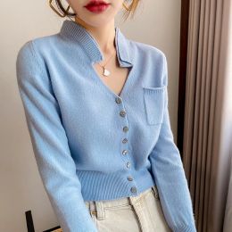 Cardigans LHZSYY Fall 2021 Women's Wool Cardigan Knitted Jacket Women's 100% Pure Wool Slim Short Vneck Bottom Shirt