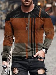 Mens Long Sleeve Retro 3D Print Color Block Print Vintage Novelty T-shirt Stylish Tees For Autumn Mens Clothing 240227