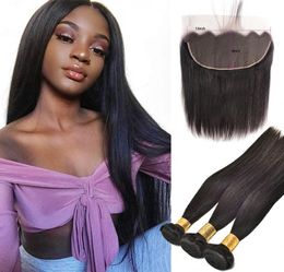 Brazilian Virgin Human Hair Bundles With 13X6 Lace Closure Straight Hair Wefts With Lace Frontal 13 By 6 Lace Size Natural Color 49195205