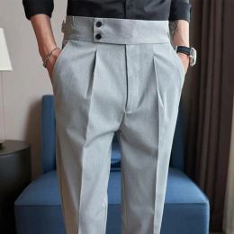Pants British Style Autumn New Men High Waist Suit Pants Belt Design Slim Fit Social Trousers Formal Business Office High Quality Pant