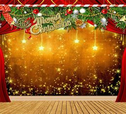 Merry Christmas Backdrop Wooden Floor Printed Glitter Stars Balls Green Leaves Red Curtains Xmas Party Stage Po Backgrounds2067054