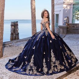 2024 Velvet Quinceanera Dresses Off Shoulder Gold Lace Appliques Crystal Beads Royal Blue Flowers Ball Gown Guest Dress Evening Prom Gowns Corset Back With Cape