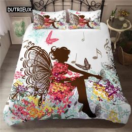 Set Fairy Duvet Cover Set Music Flower Butterfly Cute Quilt Cover Girls Cartoon Style Double Queen King Size Polyester Bedding Set Sheer Curtains