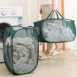 Folding Laundry Basket with Handle Clothes Toy Storage Basket Hollow Mesh Breathable Household Laundry Hamper Sundries Organiser 240219