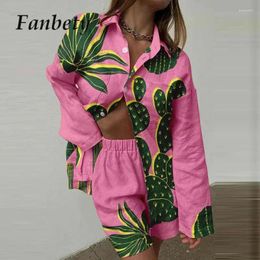 Women's Tracksuits Summer Retro Fashion Lady Beach Suit Casual Print Lapel Button Cardigan Tops And Elastic Waist Shorts Set Elegant 2024