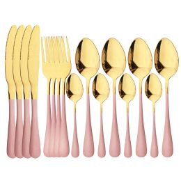 Sets Pink Gold Tableware Stainless Steel Fork Spoon Knife Dinner Dinnerware Set Kitchen Cutlery Set Bright Gold Silverware 4set 16Pcs