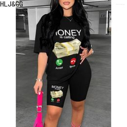 Women's Tracksuits HLJ&GG Summer Letter Print Biker Shorts Two Piece Sets Women Round Neck Loose Tshirt Female 2pcs Outfits