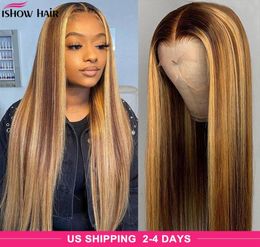 Ishow Highlight P427 Straight Human Hair Wigs 28 32 34 40inch Omber PrePlucked 4x4 Closure Lace Front Wig Colored Ombre Body Loo8888934