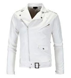 Мужские кожаные куртки 2023, белые, черные, повседневные, с лацканами, приталенные, с диагональной молнией, мотоциклетные куртки из искусственной кожи, пальто, одежда 240223