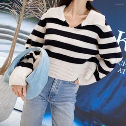 Women's Sweaters ZESSAM Stripe Jacquard Knit Pullover Winter Turn-down Long Sleeve Loose Female Sweater Classic Casual Cozy Lady Top 2024