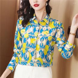 Women's Blouses Summer Spring Dress Shirts Luxury Mulberry Silk Allover Printed Metal Button Turn-down Collar Casual Ladies