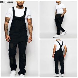 Mens Ripped Denim Overalls Fashion Full Length Suspender Pants Man Jeans High Street Jumpsuit Distressed Casual Trousers 240228