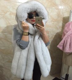 Spring new women hooded fur coat silver fox imitation fur vest plus size ladies fox fur coat6388029