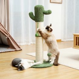 Cactus Cat Tree Scratcher with Hanging Ball Fully Wrapped Sisal Scratching Post and Pad for Indoor Stable Furniture Protectors 240220
