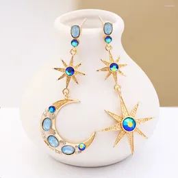Stud Earrings Women Star Gold Colour Moon Asymmetrical With Blue Zircon Romantic Surprise Gift For Girlfriend