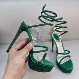 Sandálias stiletto sapatos formais sandálias de plataforma à prova d'água designer de luxo cetim cobra em forma de strass enrolado festa de casamento sapato de noite feminino salto alto